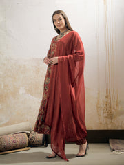Women Maroon Floral Tiered Kurta With Pencil Pant & Dupatta-SHSET96351