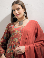 Women Maroon Floral Tiered Kurta With Pencil Pant & Dupatta-SHSET96351
