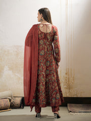 Women Maroon Floral Tiered Kurta With Pencil Pant & Dupatta-SHSET96351