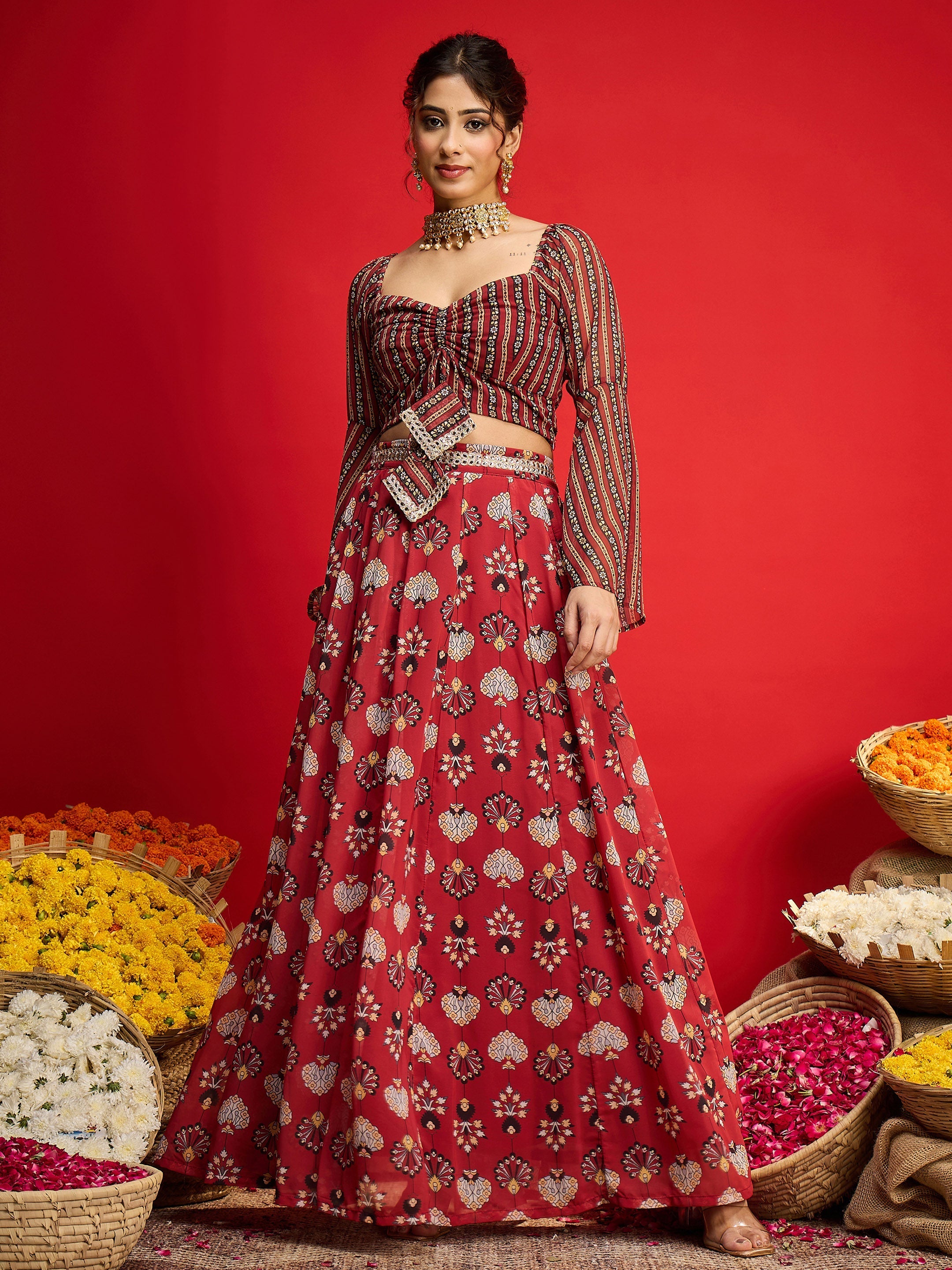 Women Maroon Floral Rouching Crop Top With Anarkali Skirt-SHSET96352