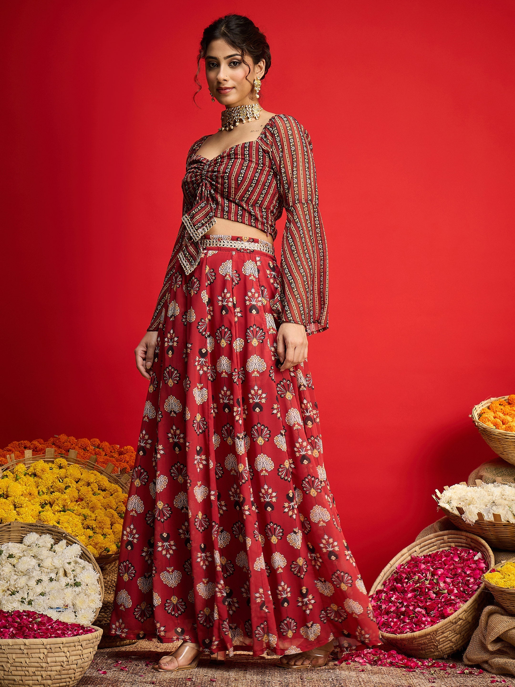 Women Maroon Floral Rouching Crop Top With Anarkali Skirt-SHSET96352