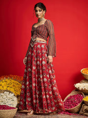 Women Maroon Floral Rouching Crop Top With Anarkali Skirt-SHSET96352