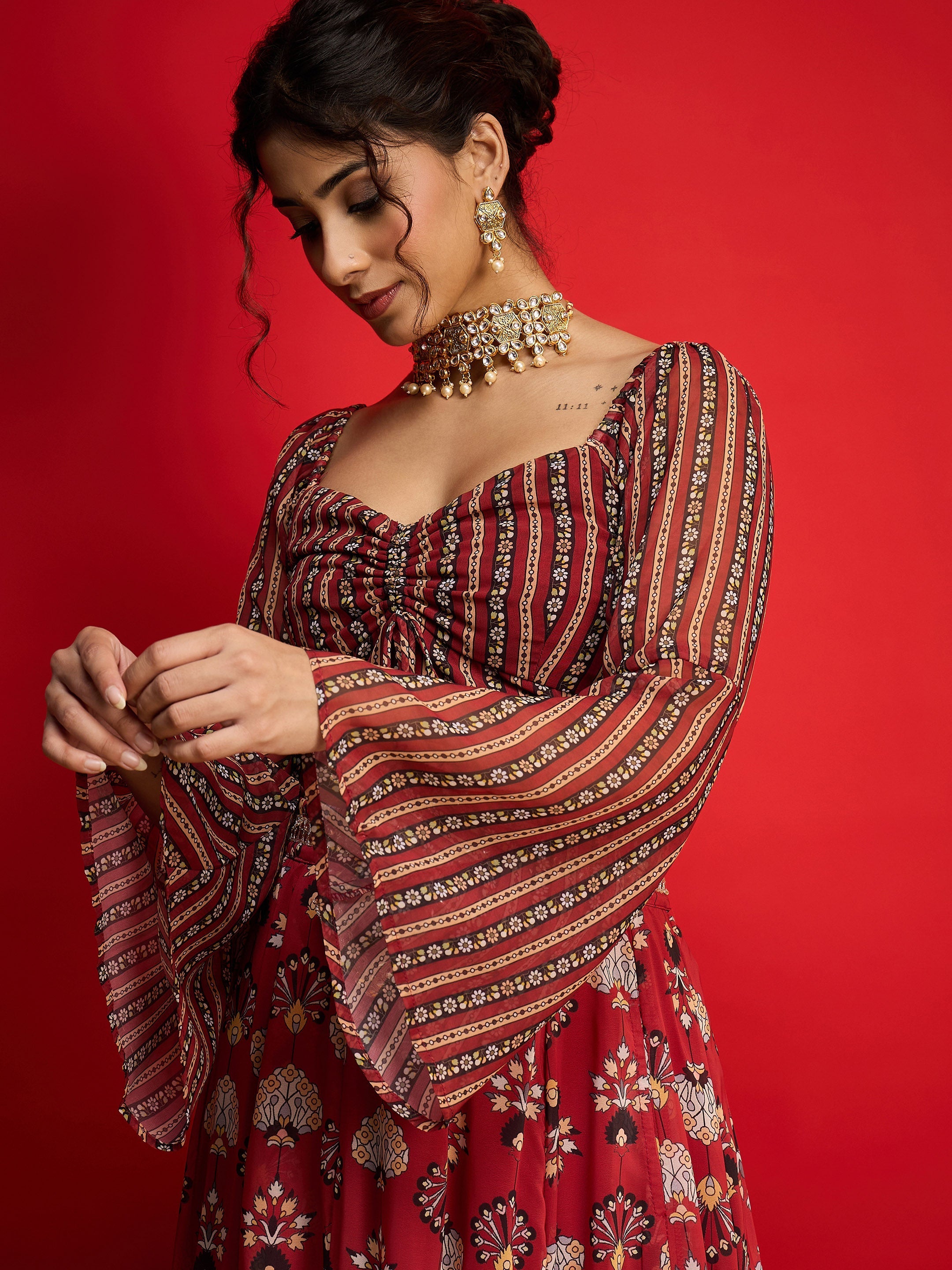 Women Maroon Floral Rouching Crop Top With Anarkali Skirt-SHSET96352