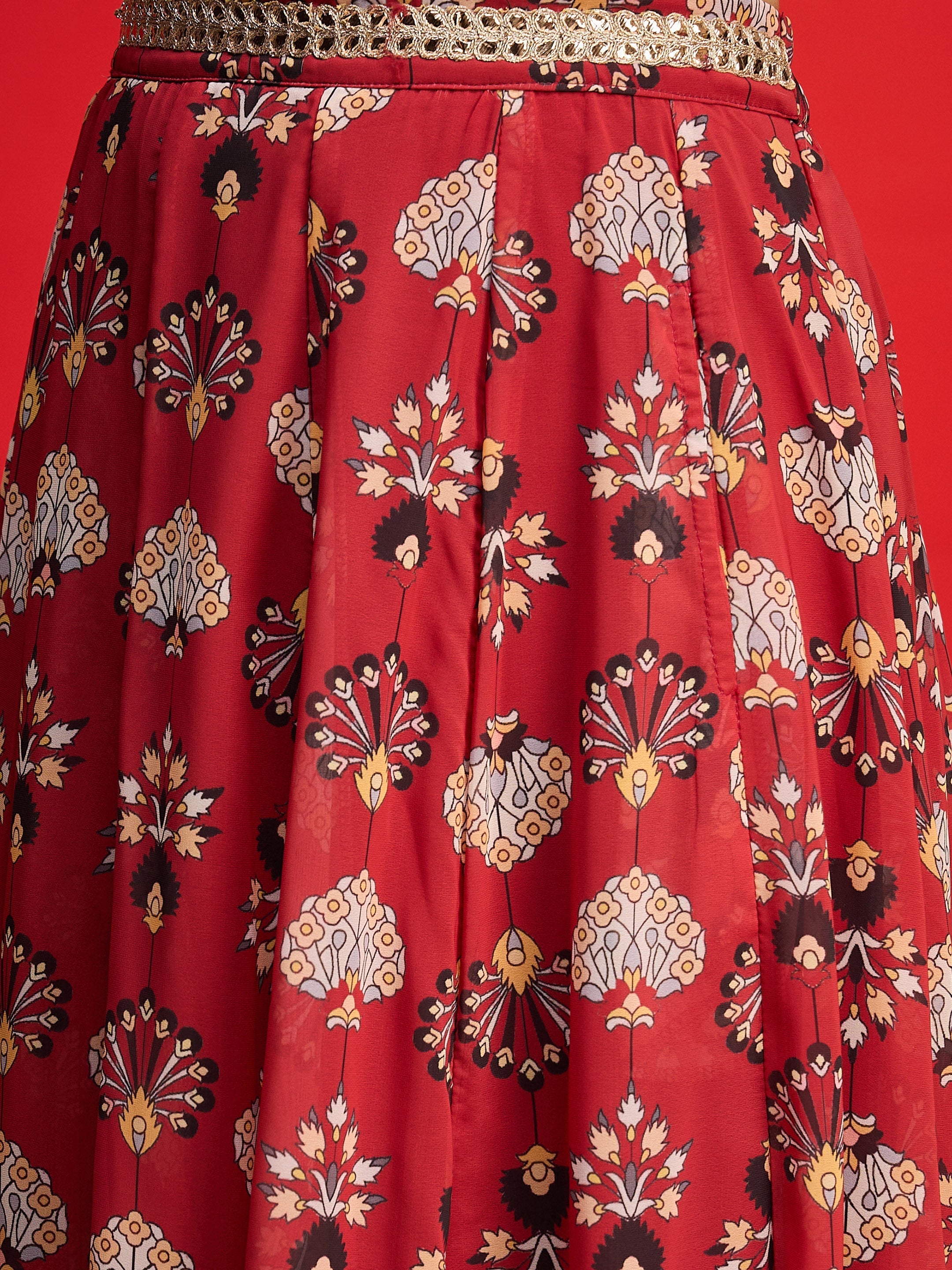 Women Maroon Floral Rouching Crop Top With Anarkali Skirt-SHSET96352