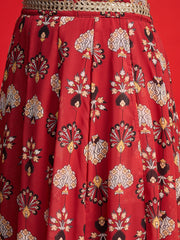 Women Maroon Floral Rouching Crop Top With Anarkali Skirt-SHSET96352