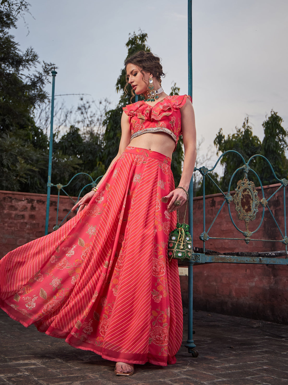 Women Pink Floral Frill Neck Crop Top With Anarkali Skirt-SHSET96353