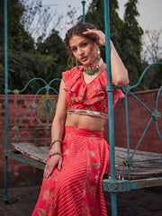 Women Pink Floral Frill Neck Crop Top With Anarkali Skirt-SHSET96353