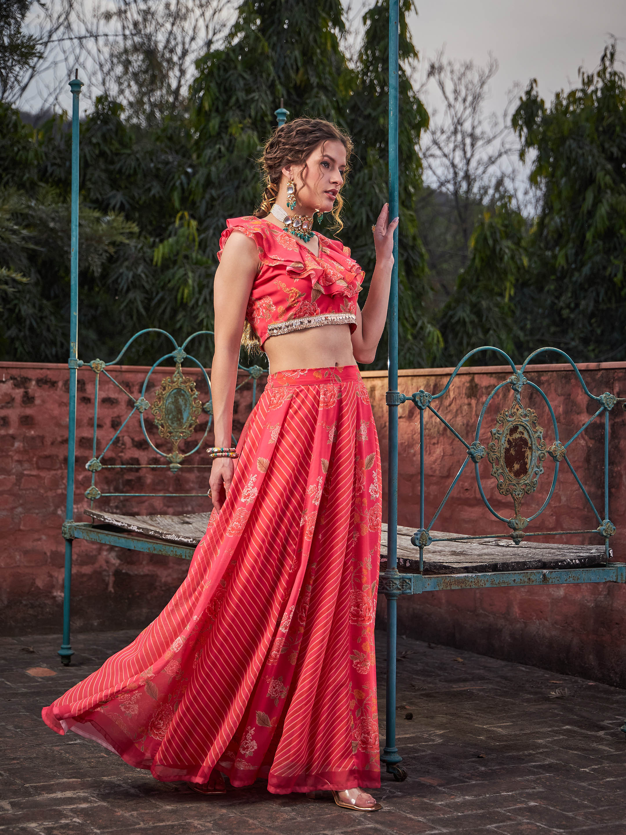 Women Pink Floral Frill Neck Crop Top With Anarkali Skirt-SHSET96353