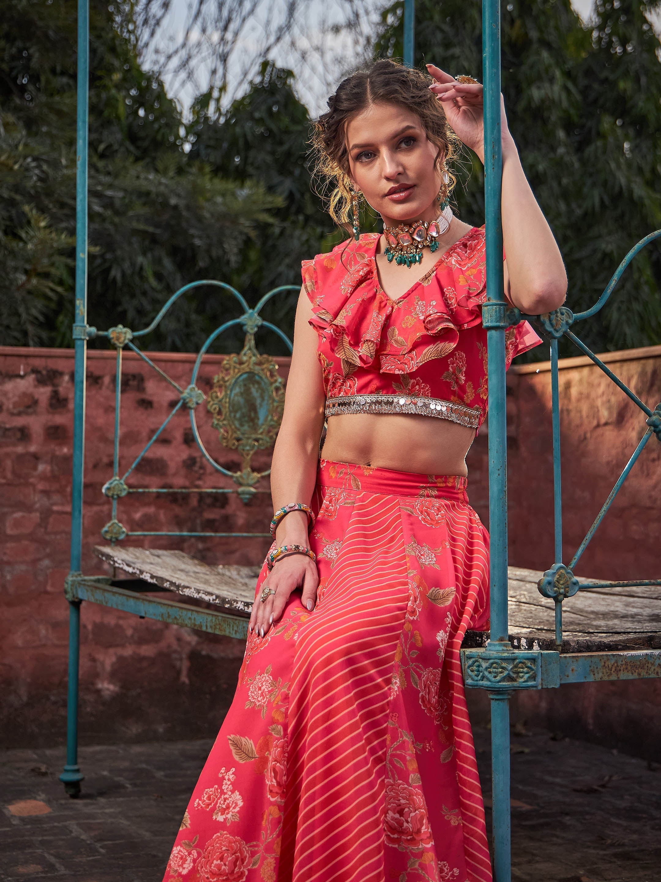 Women Pink Floral Frill Neck Crop Top With Anarkali Skirt-SHSET96353