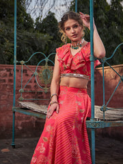 Women Pink Floral Frill Neck Crop Top With Anarkali Skirt-SHSET96353