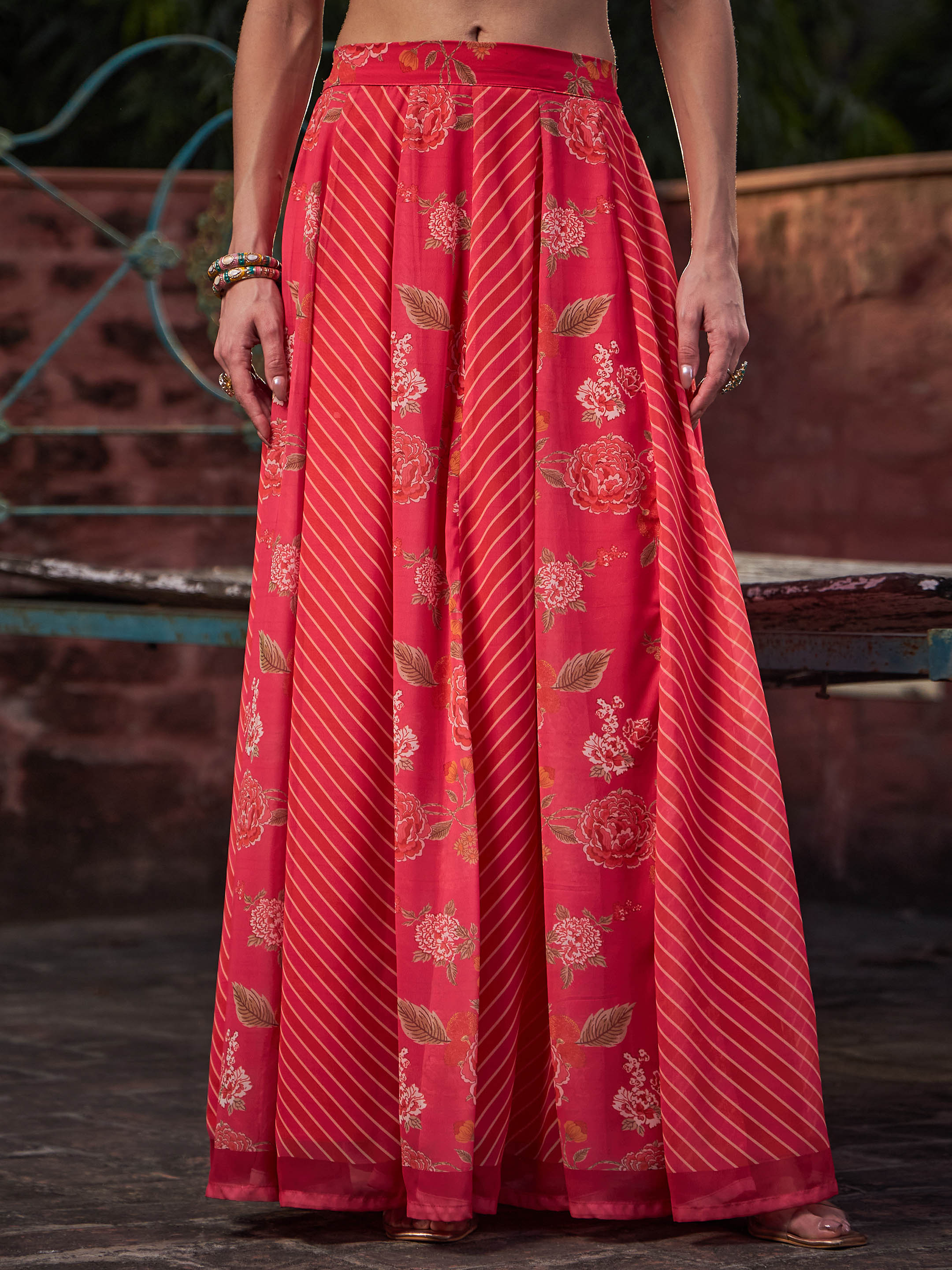 Women Pink Floral Frill Neck Crop Top With Anarkali Skirt-SHSET96353