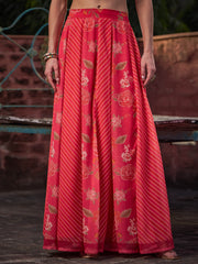 Women Pink Floral Frill Neck Crop Top With Anarkali Skirt-SHSET96353