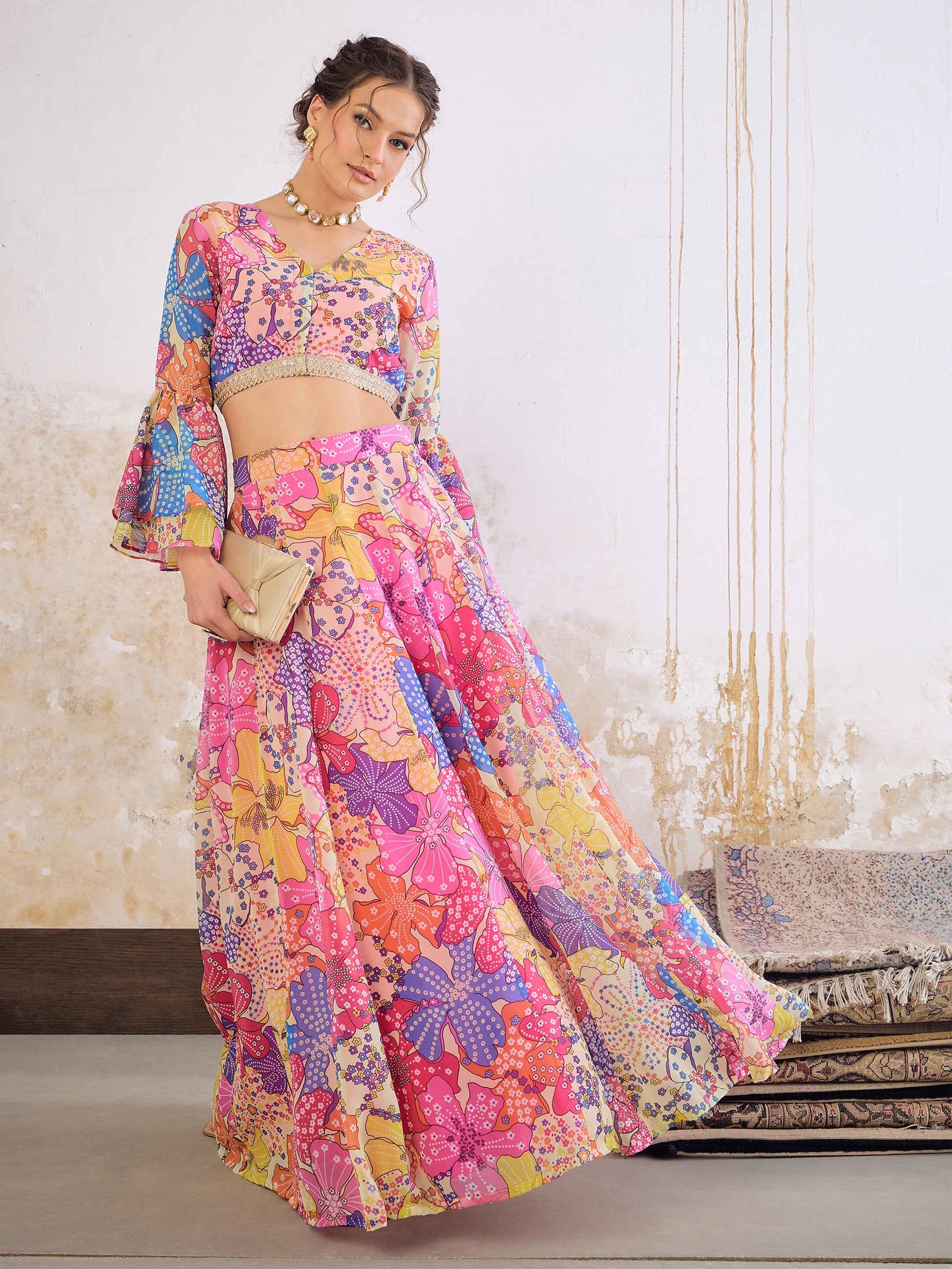 Women Pink Floral Frill Sleeves Crop Top With Anarkali Skirt-SHSET96355