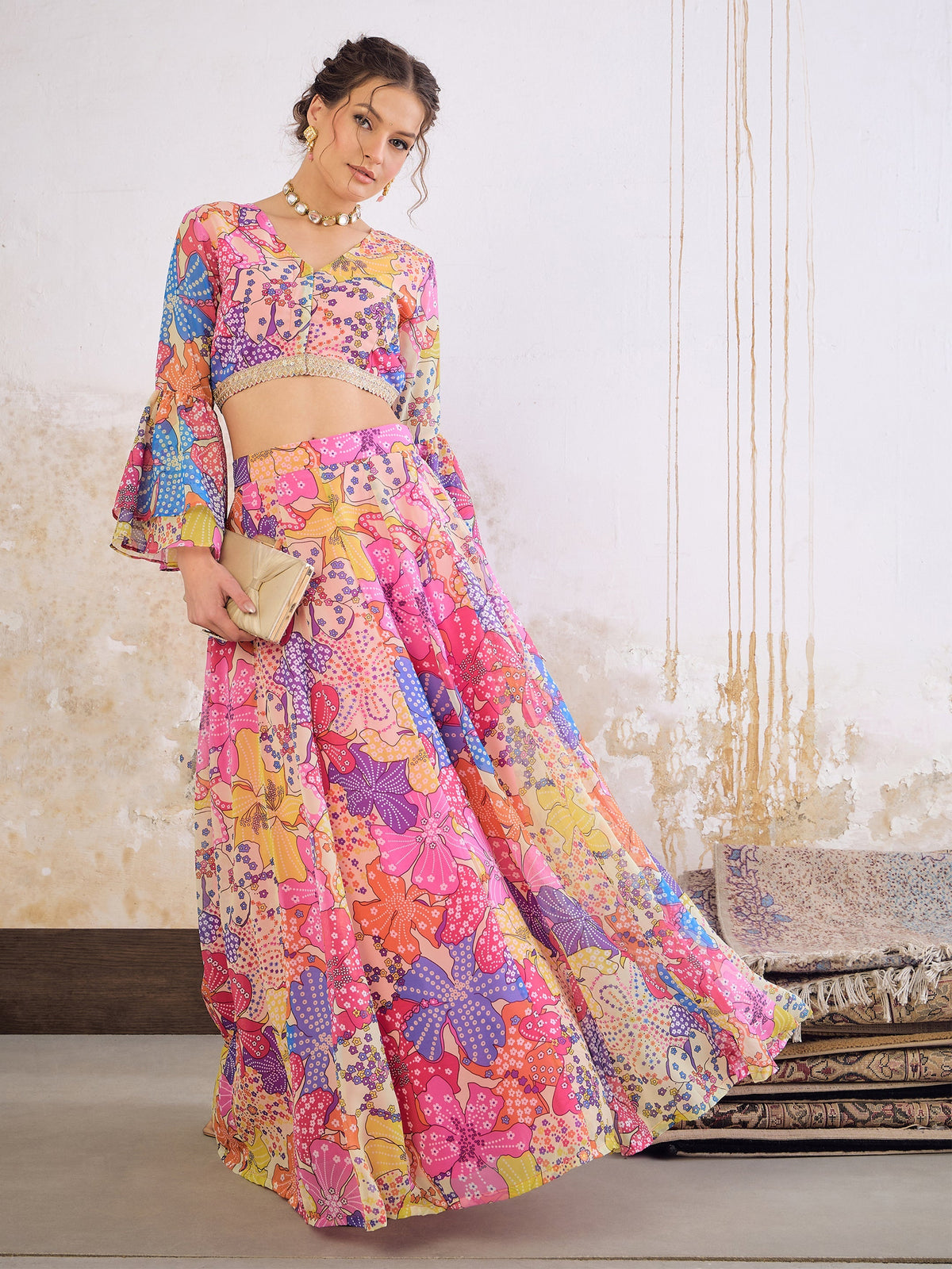 Women Pink Floral Frill Sleeves Crop Top With Anarkali Skirt-SHSET96355