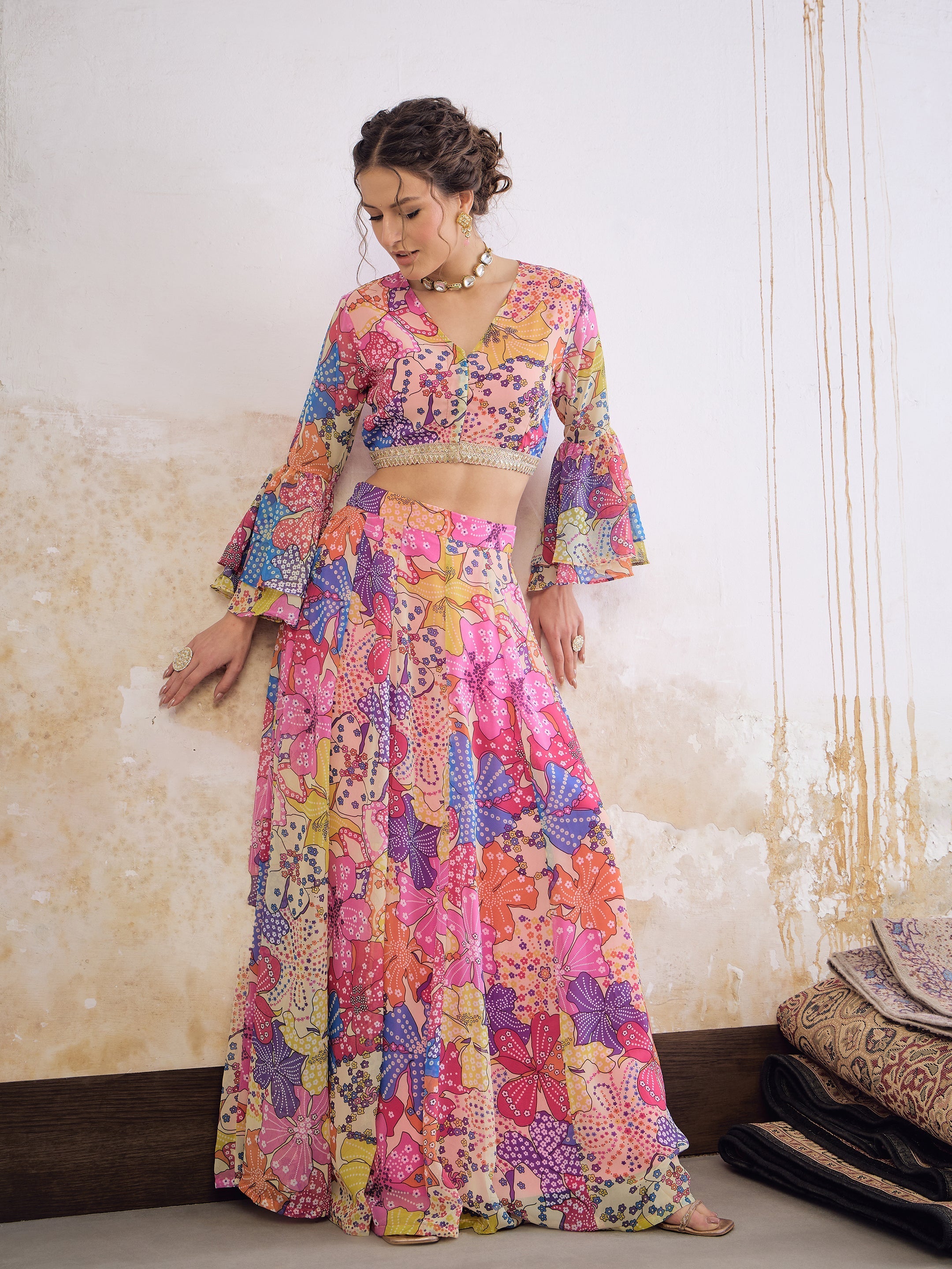 Women Pink Floral Frill Sleeves Crop Top With Anarkali Skirt-SHSET96355
