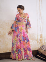 Women Pink Floral Frill Sleeves Crop Top With Anarkali Skirt-SHSET96355