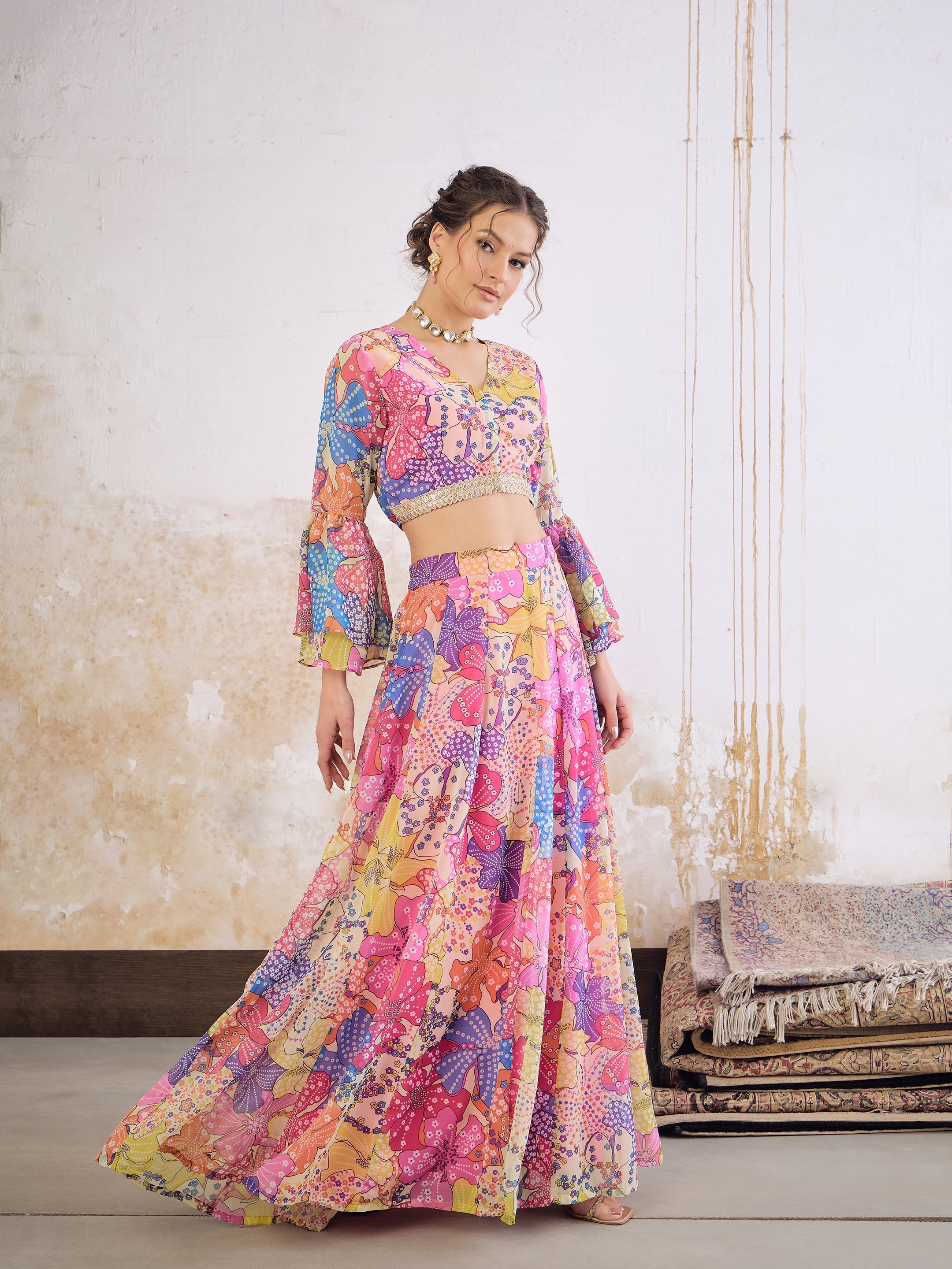 Women Pink Floral Frill Sleeves Crop Top With Anarkali Skirt-SHSET96355