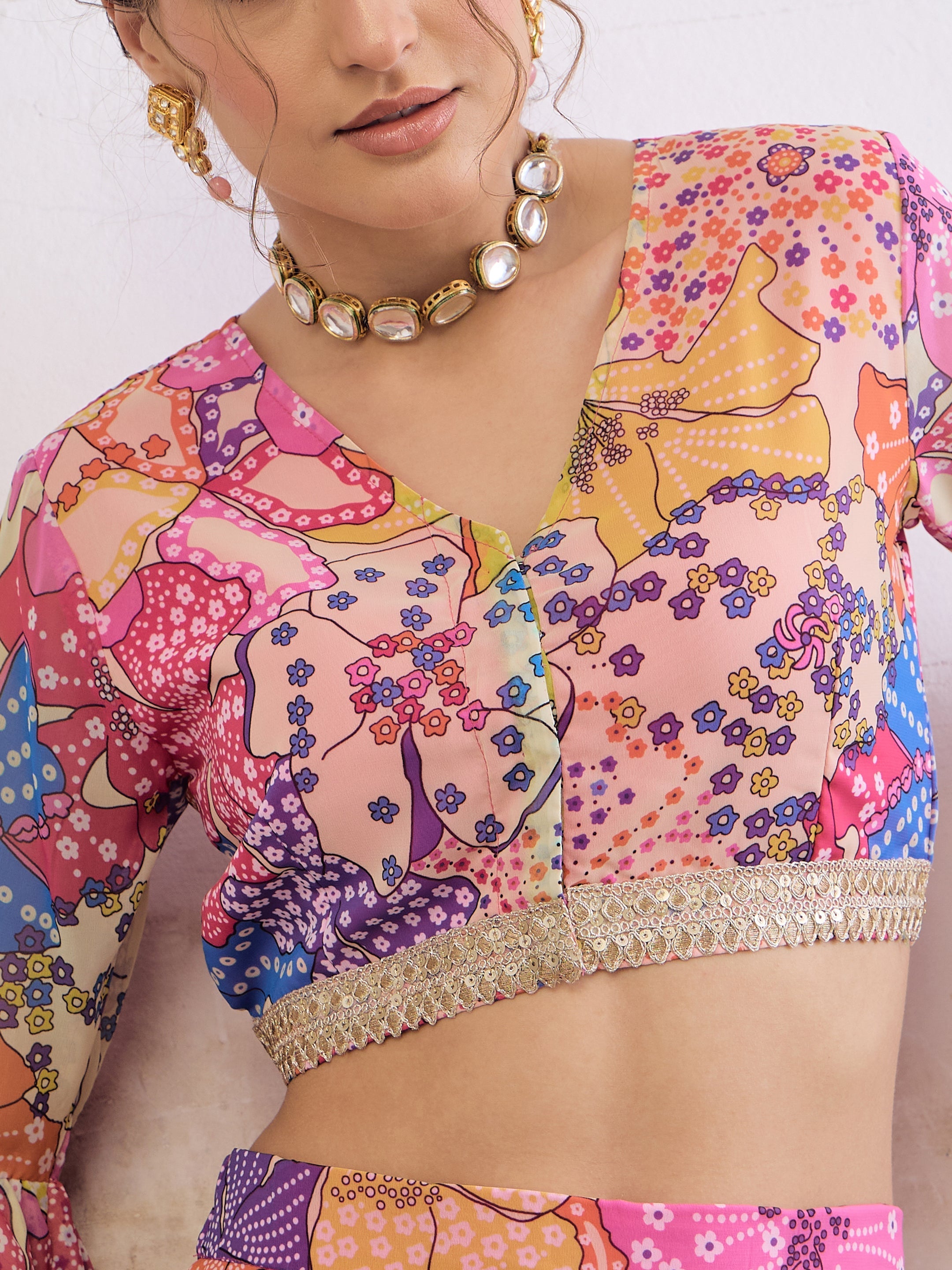 Women Pink Floral Frill Sleeves Crop Top With Anarkali Skirt-SHSET96355