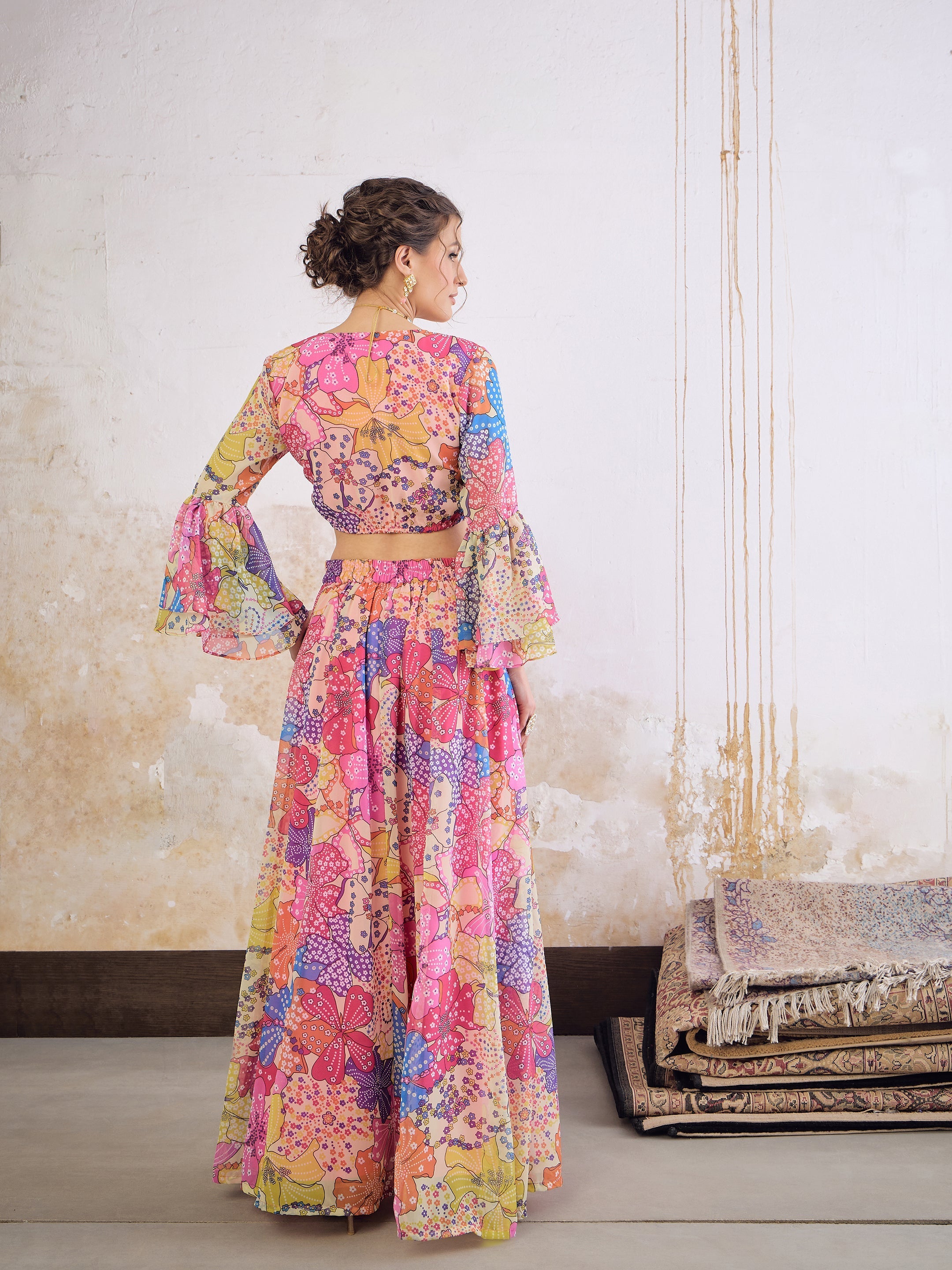 Women Pink Floral Frill Sleeves Crop Top With Anarkali Skirt-SHSET96355