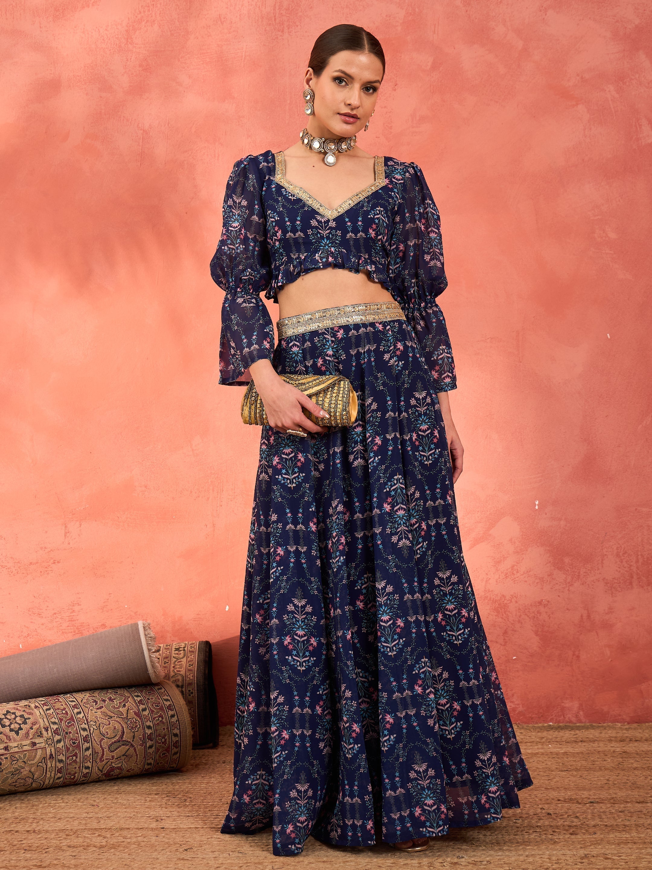 Women Navy Floral Hem Frill Crop Top With Anarkali Skirt-SHSET96362