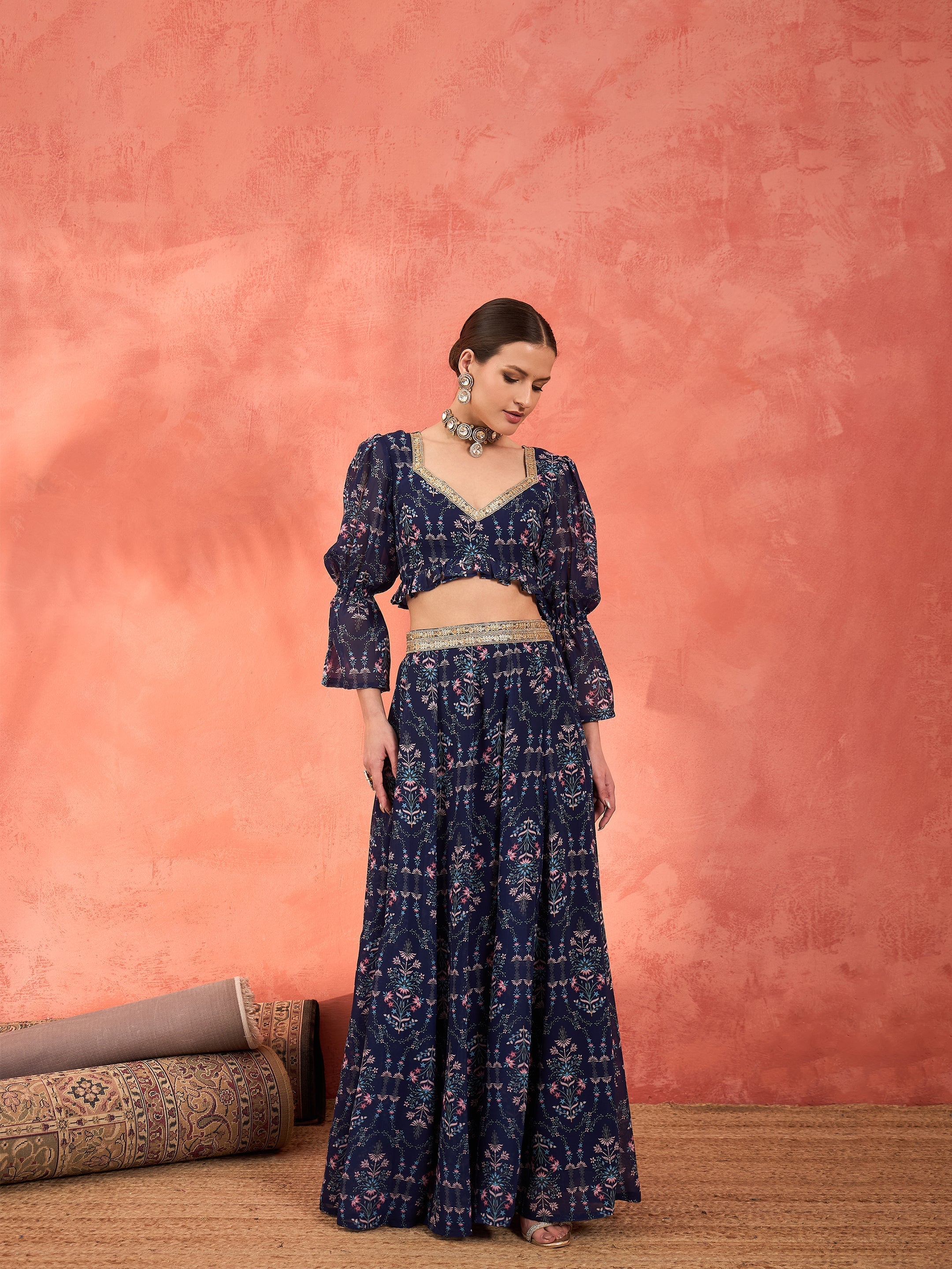 Women Navy Floral Hem Frill Crop Top With Anarkali Skirt-SHSET96362