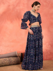 Women Navy Floral Hem Frill Crop Top With Anarkali Skirt-SHSET96362