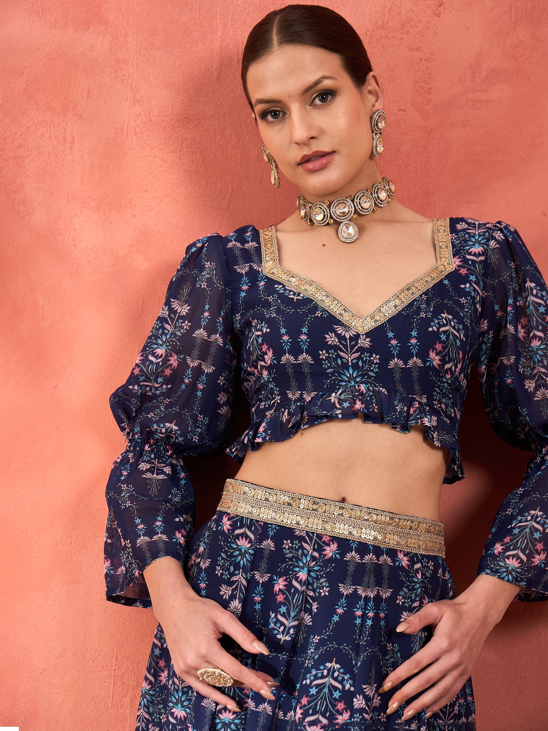 Women Navy Floral Hem Frill Crop Top With Anarkali Skirt-SHSET96362