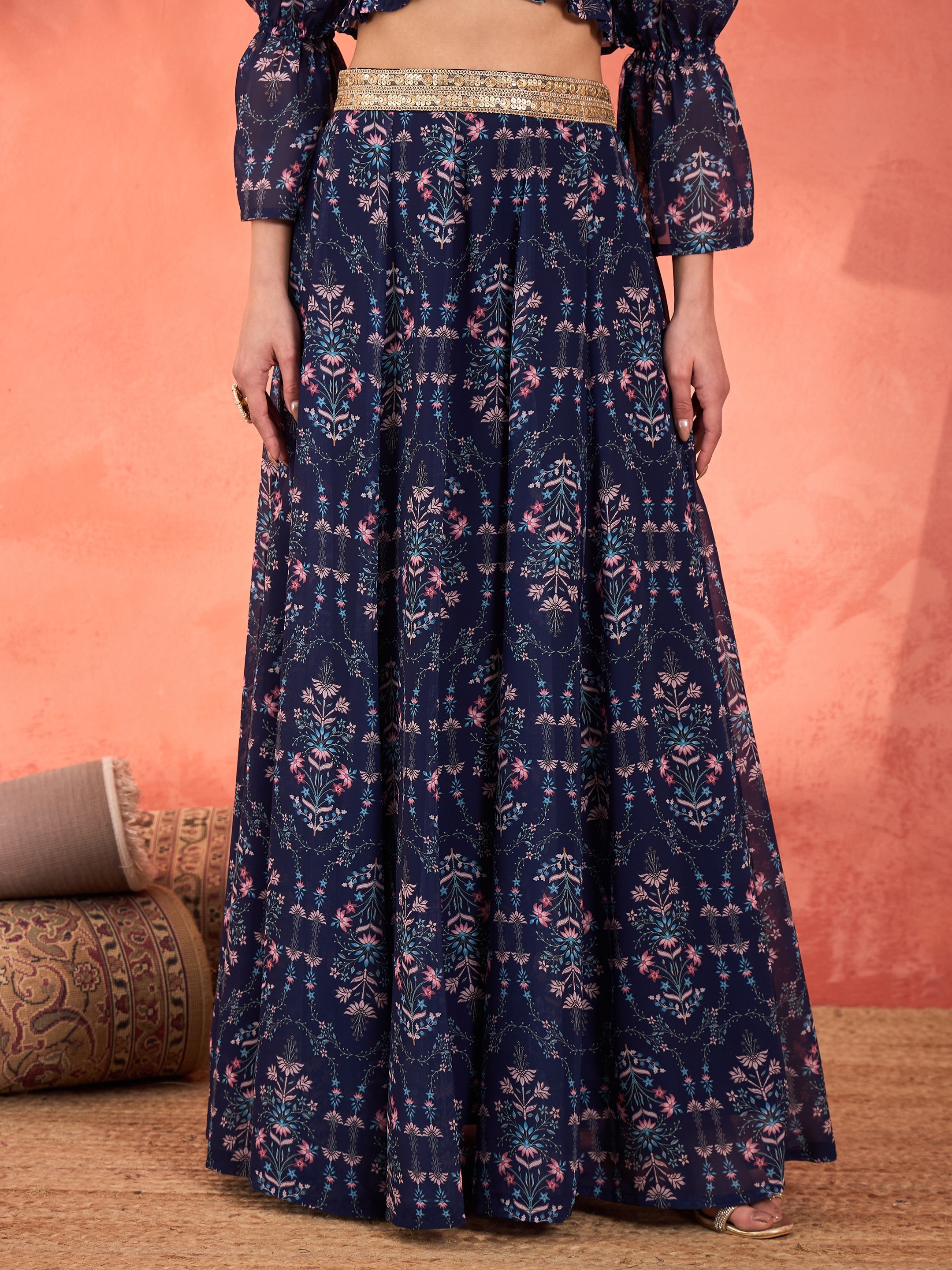 Women Navy Floral Hem Frill Crop Top With Anarkali Skirt-SHSET96362