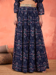 Women Navy Floral Hem Frill Crop Top With Anarkali Skirt-SHSET96362