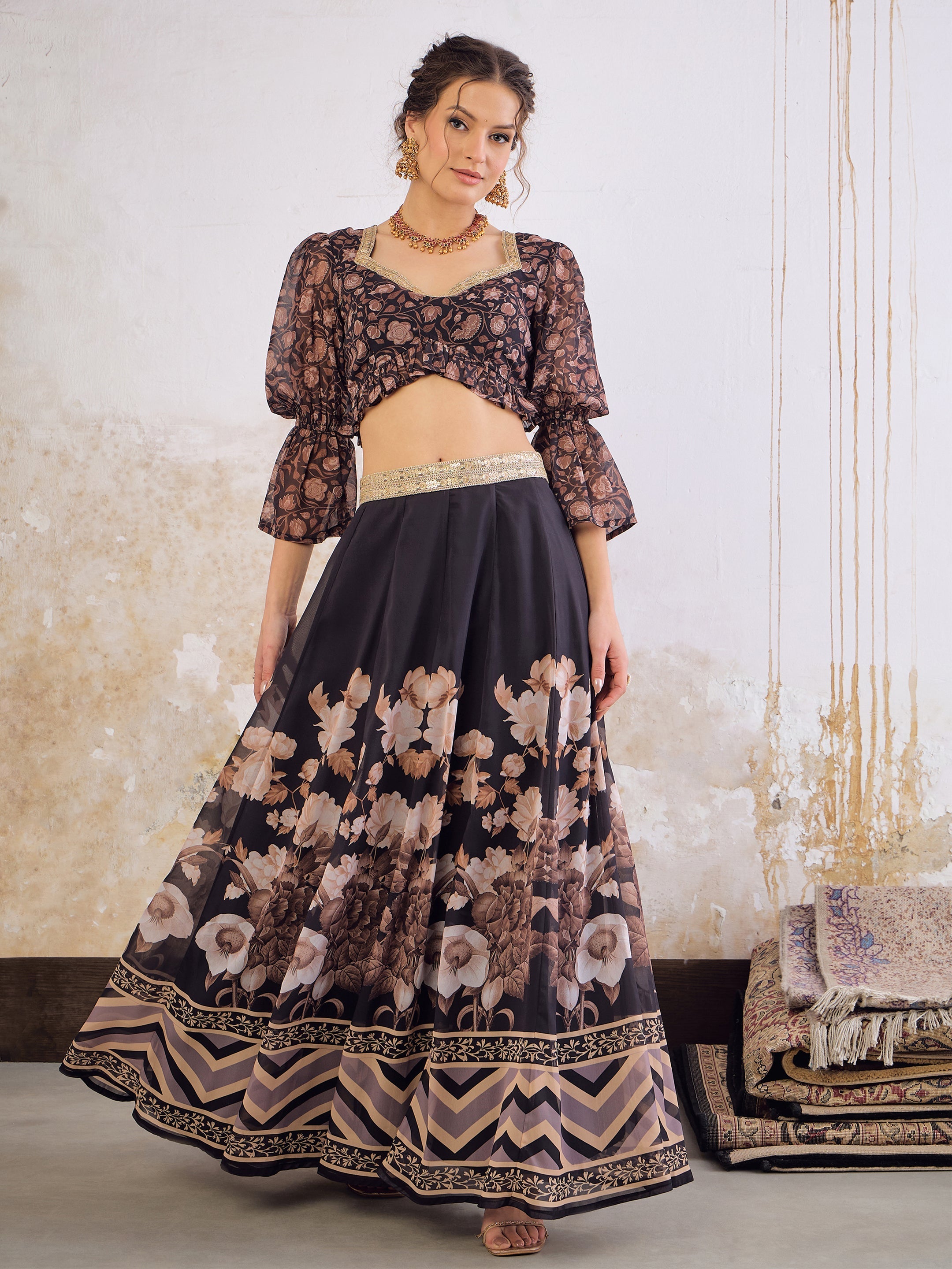 Women Black Floral Hem Frill Crop Top With Anarkali Skirt-SHSET96363