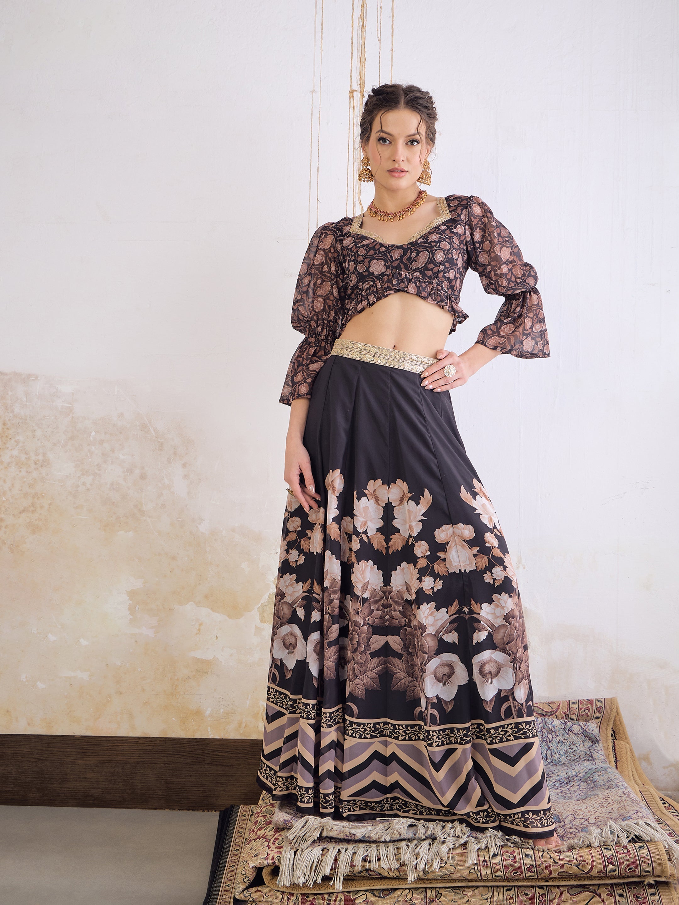 Women Black Floral Hem Frill Crop Top With Anarkali Skirt-SHSET96363