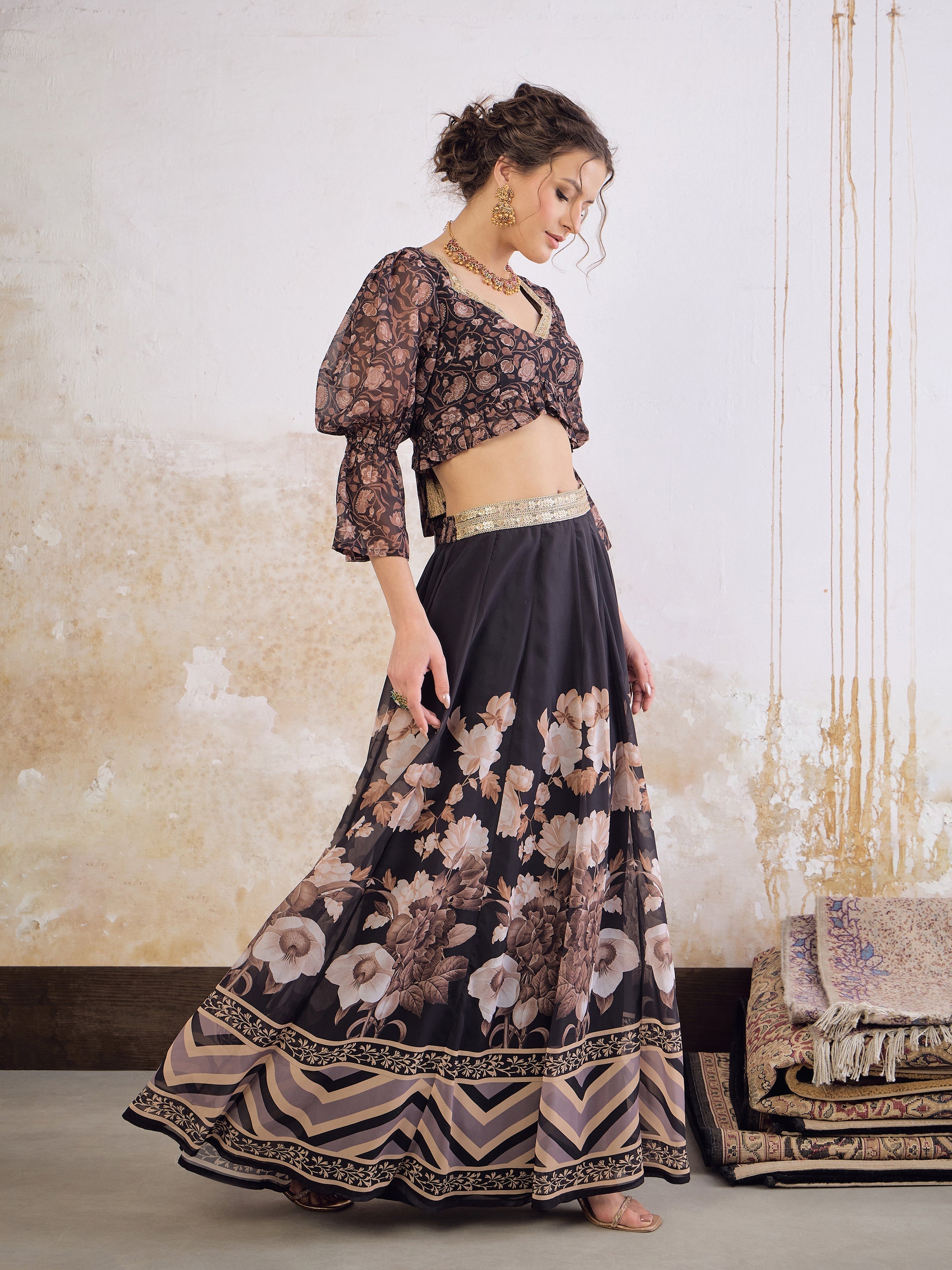 Women Black Floral Hem Frill Crop Top With Anarkali Skirt-SHSET96363