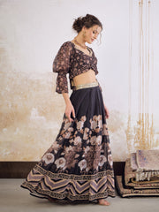 Women Black Floral Hem Frill Crop Top With Anarkali Skirt-SHSET96363