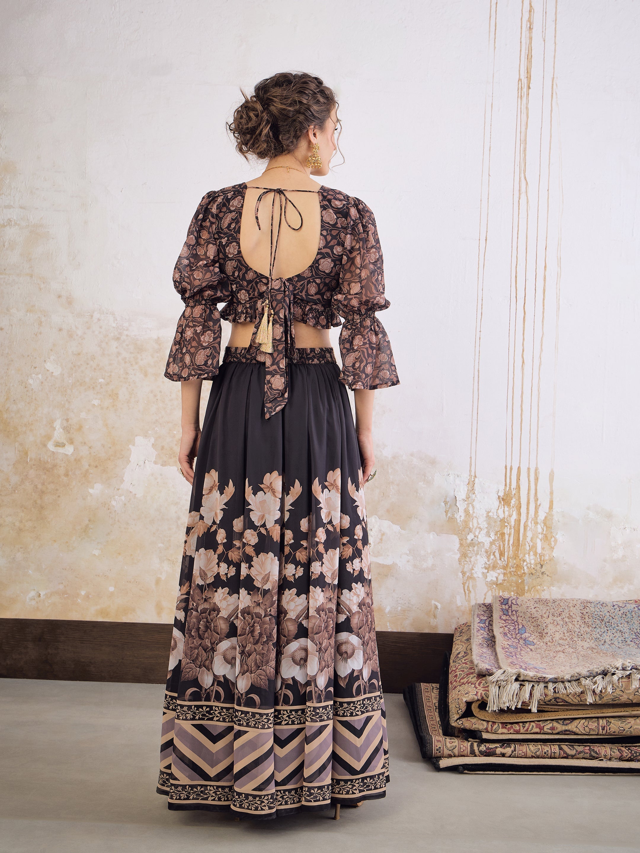 Women Black Floral Hem Frill Crop Top With Anarkali Skirt-SHSET96363