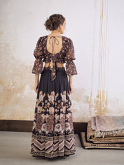 Women Black Floral Hem Frill Crop Top With Anarkali Skirt-SHSET96363