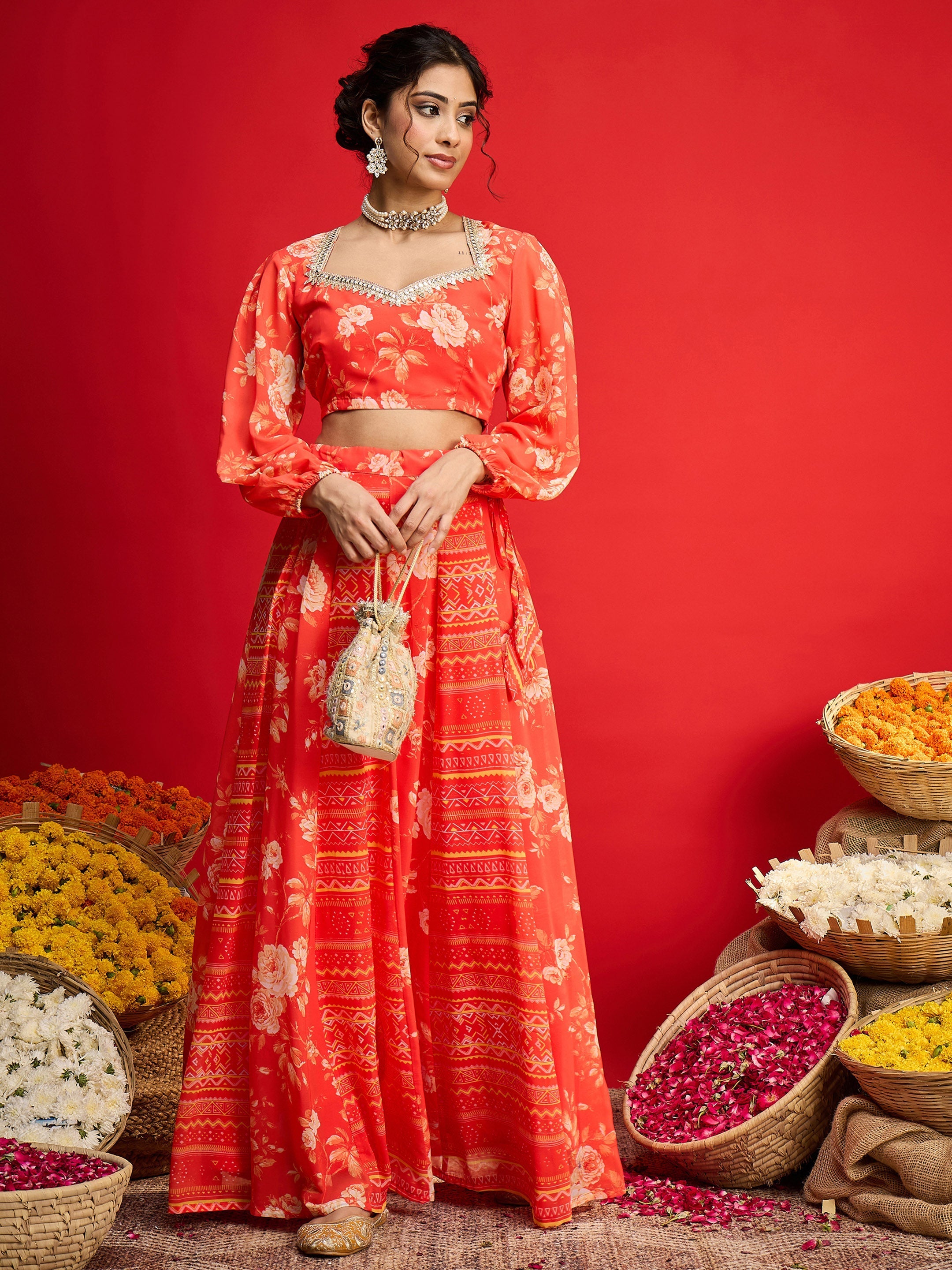 Women Orange Floral Sweetheart Neck Crop Top With Anarkali Skirt-SHSET96364
