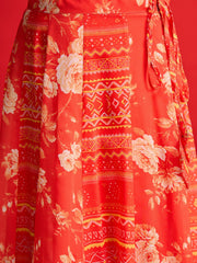 Women Orange Floral Sweetheart Neck Crop Top With Anarkali Skirt-SHSET96364