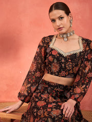 Women Black Floral Sweetheart Neck Crop Top With Anarkali Skirt-SHSET96365