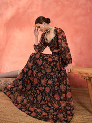 Women Black Floral Sweetheart Neck Crop Top With Anarkali Skirt-SHSET96365
