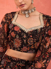 Women Black Floral Sweetheart Neck Crop Top With Anarkali Skirt-SHSET96365