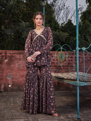 Women Black Floral V Neck Peplum Top With Sharara Pants-SHSET96372