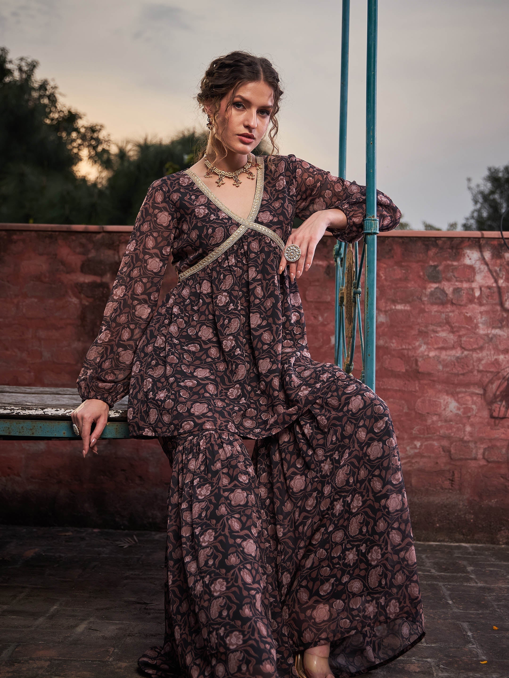 Women Black Floral V Neck Peplum Top With Sharara Pants-SHSET96372