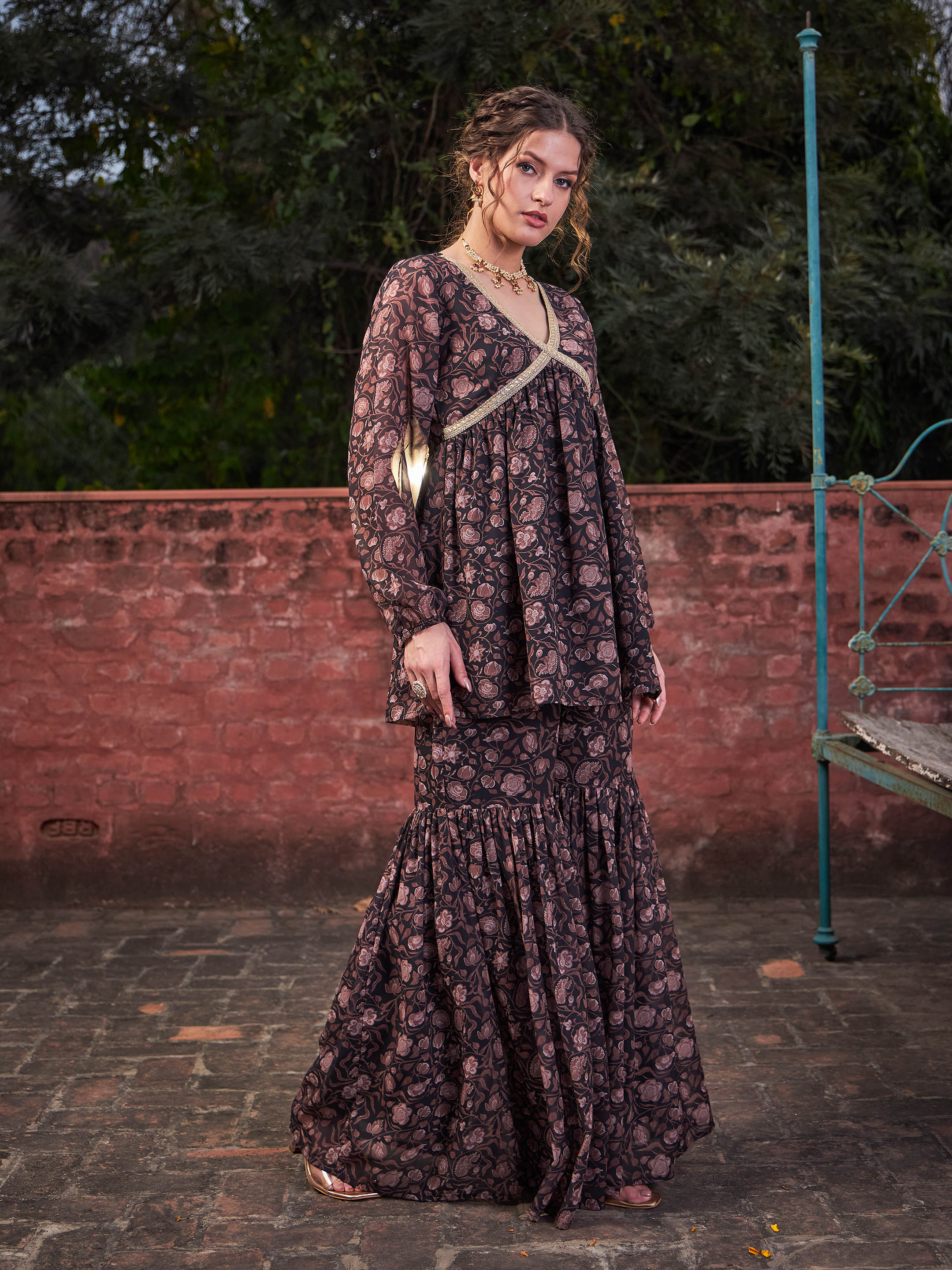 Women Black Floral V Neck Peplum Top With Sharara Pants-SHSET96372