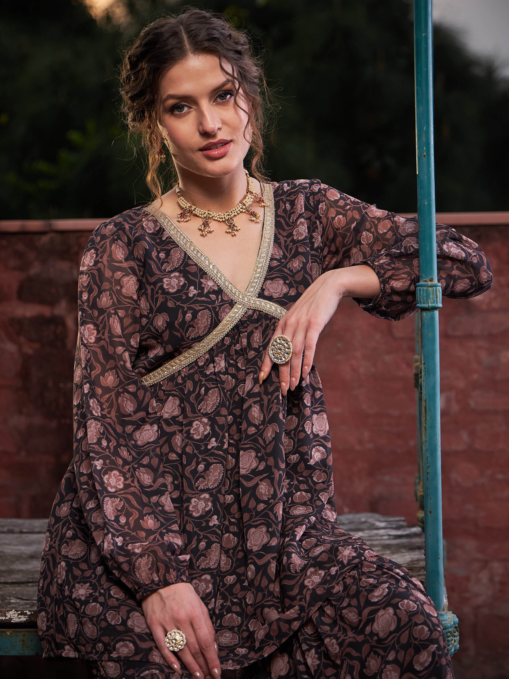 Women Black Floral V Neck Peplum Top With Sharara Pants-SHSET96372