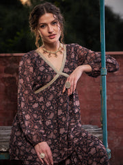 Women Black Floral V Neck Peplum Top With Sharara Pants-SHSET96372