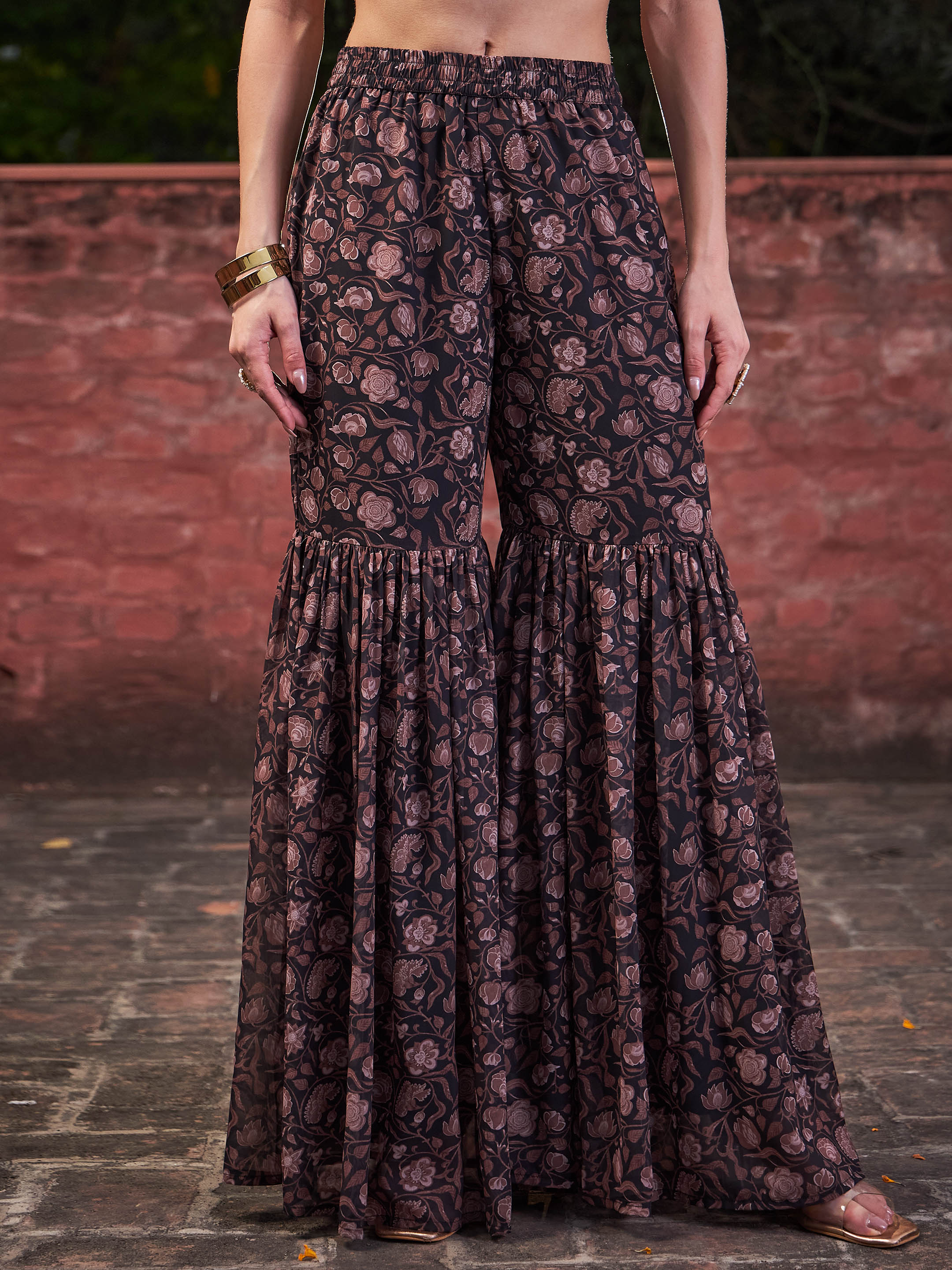 Women Black Floral V Neck Peplum Top With Sharara Pants-SHSET96372