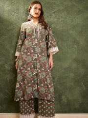 Women Green Floral V Neck Lace kurta With Pants-SHSET96446