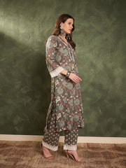 Women Green Floral V Neck Lace kurta With Pants-SHSET96446