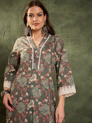 Women Green Floral V Neck Lace kurta With Pants-SHSET96446