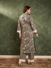 Women Green Floral V Neck Lace kurta With Pants-SHSET96446